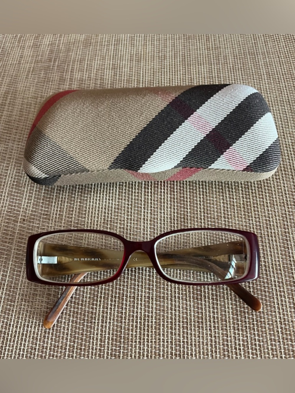 Burberry Women's Burgundy Rectangular Glasses with Plaid Case